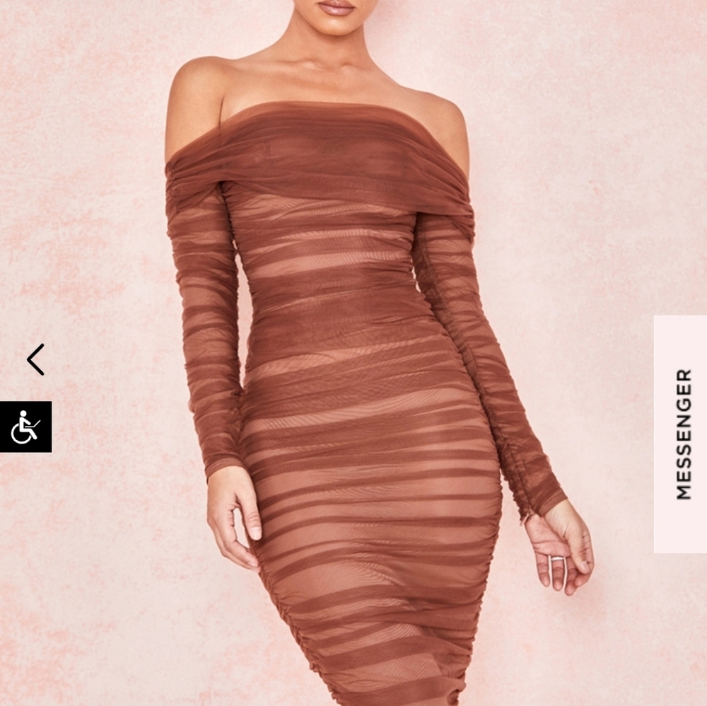 HOUSE OF CB 'Anais' Chestnut Tulle Off Shoulder Ruched Dress